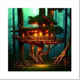 Magical Cottage Tree House with Lights in Forest with High Trees, Scenery Nature Posters and Art